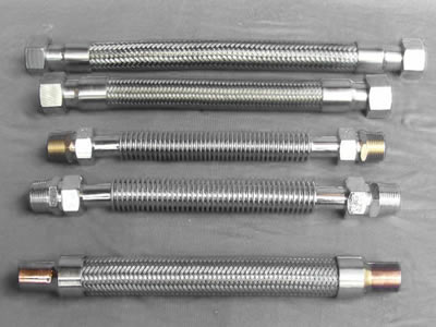 There are five metal hoses displayed side by side, each of them differentiates from one another.